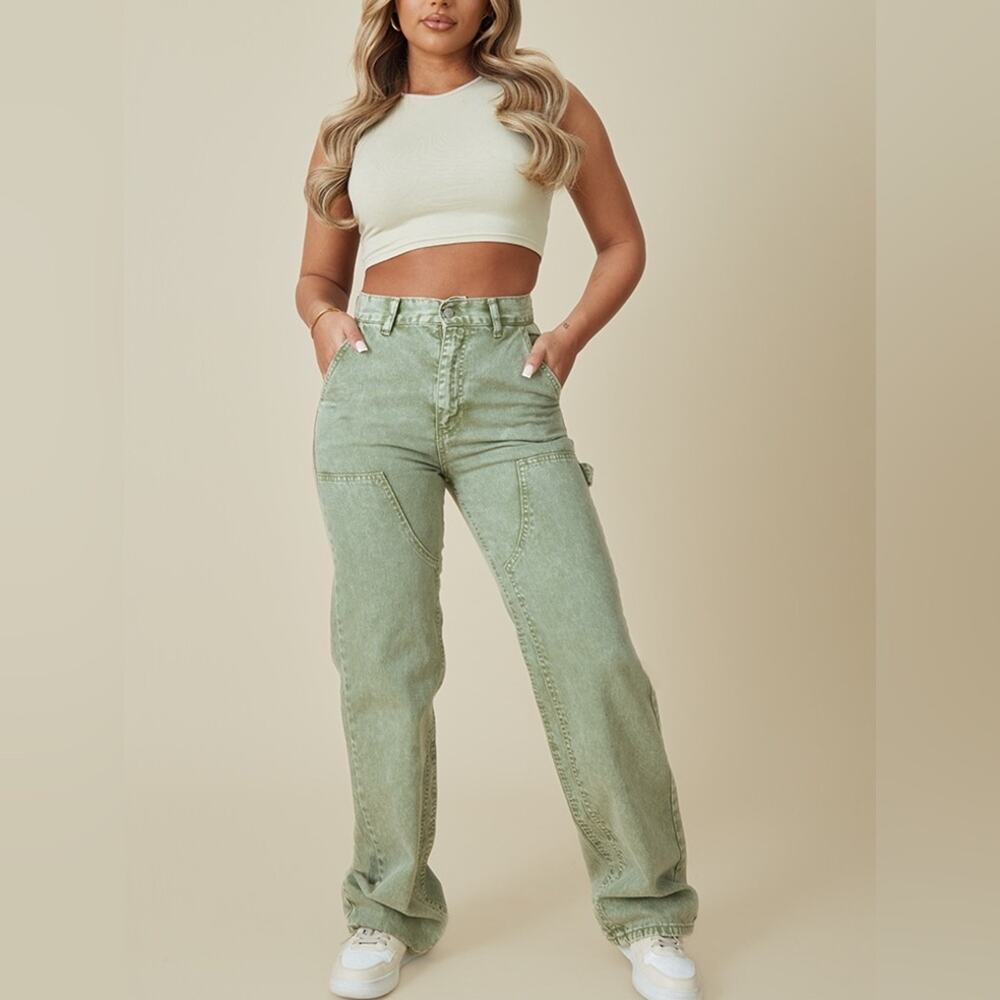 PrettyLittleThing Straight/Wide Leg Green Seam Detail Panel Jeans, Size 8 NWOT
